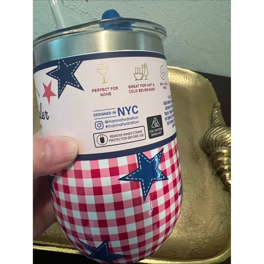#2238*”4x6”Manna Wine Tumbler W/ Straw Topper - Blue & Red Gingham Stars